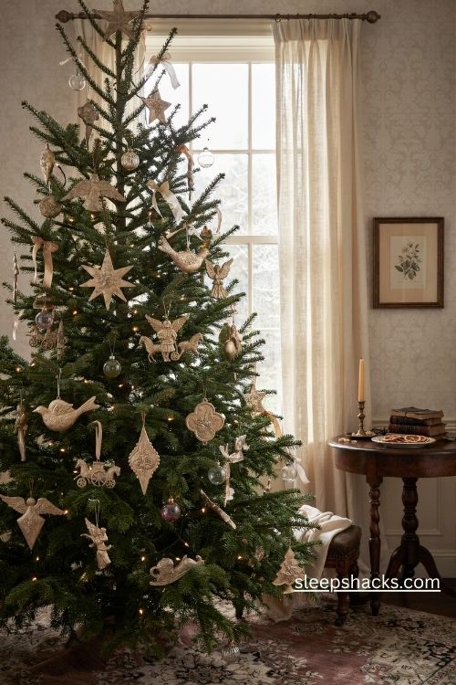 Embossed gold and silver cardboard Victorian Christmas ornaments with vintage stars carriages birds and angels on an evergreen tree