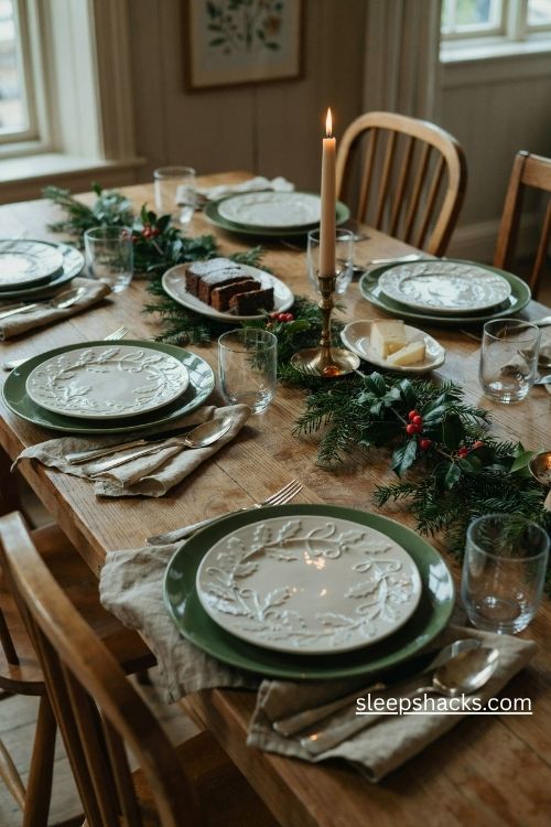 Embossed holly leaf Christmas salad plates with cream ceramic and green chargers