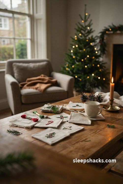 Embroidered Christmas coasters with linen fabric holly sprigs and candy canes