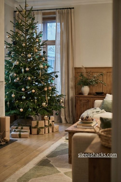Emerald green and gold Christmas tree with sage ornaments and warm lights
