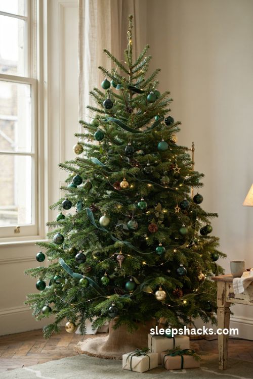 Emerald green christmas tree with layered green ornaments and gold accents