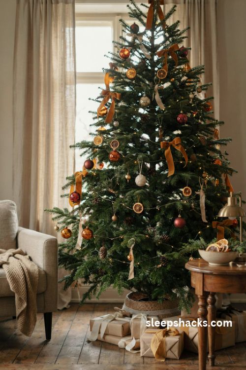 Emerald green christmas tree with mustard gold ribbon and burnt orange ornaments