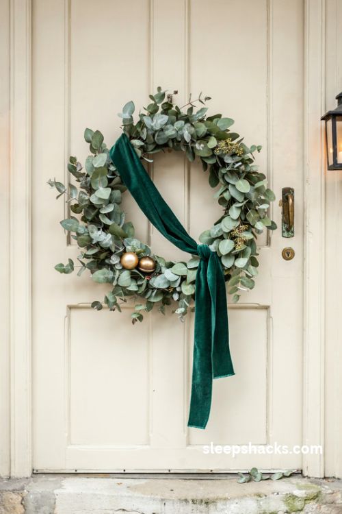 Emerald green velvet sash on a silvery eucalyptus Christmas wreath with antique gold accents
