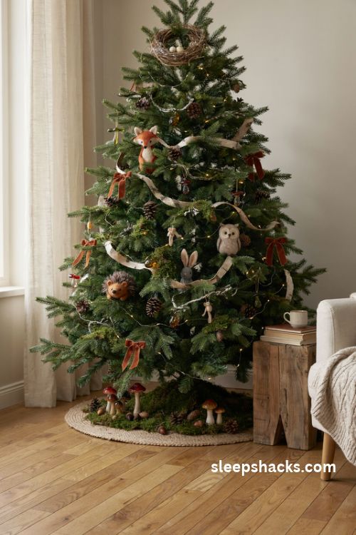 Enchanted woodland Christmas tree with felt foxes owls mushroom ornaments pinecones and warm white lights