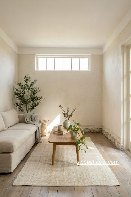 Enclosed patio ideas with high transom window pale rug and cozy seating