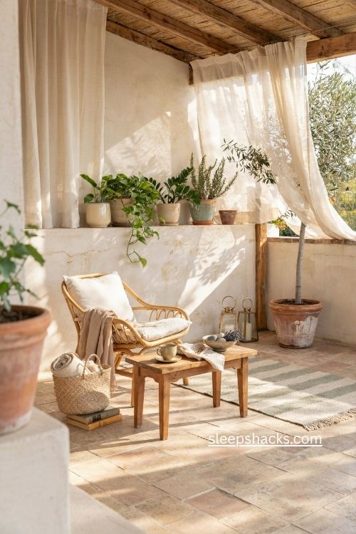 Enclosed patio ideas with linen curtains privacy walls and cozy outdoor seating