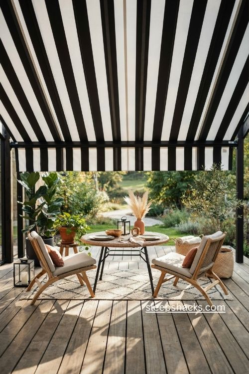 Enclosed patio ideas with striped awning black white decor and boho seating