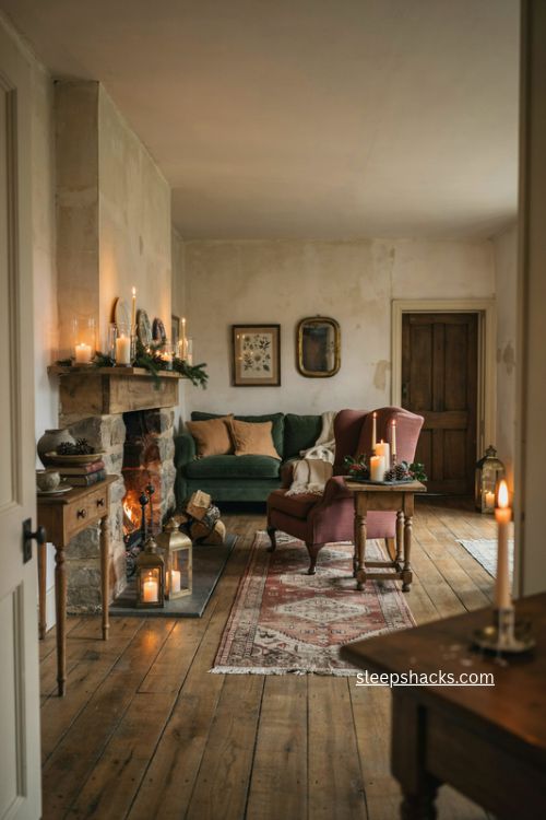 English country christmas candles clustered in vintage lanterns around a cozy hearth 