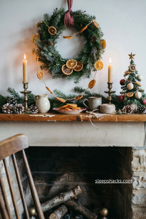 English country christmas dried orange garland with evergreen mantel and vintage decor 