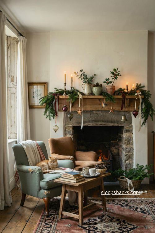 English country christmas farmhouse living room with vintage greenery and inherited decorations 