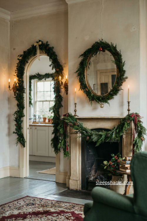 English country christmas garlands over mantels doorways and vintage mirrors 