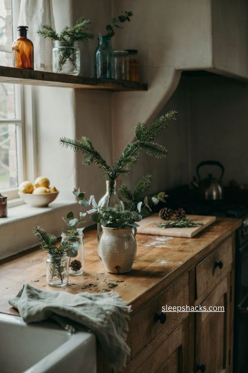 English country christmas greenery branches in a ceramic jug on a farmhouse kitchen counter 