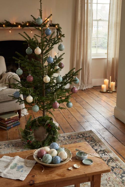 English country christmas hand painted ceramic baubles in soft vintage colors 