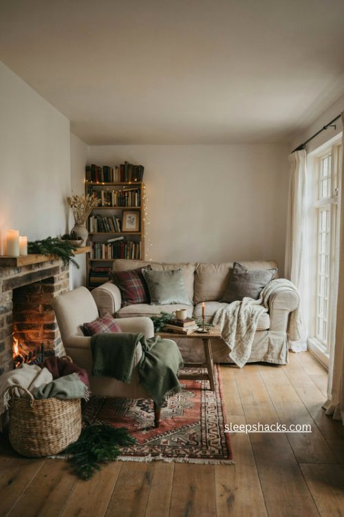 English country christmas living room with chunky knits wool throws and tartan cushions 