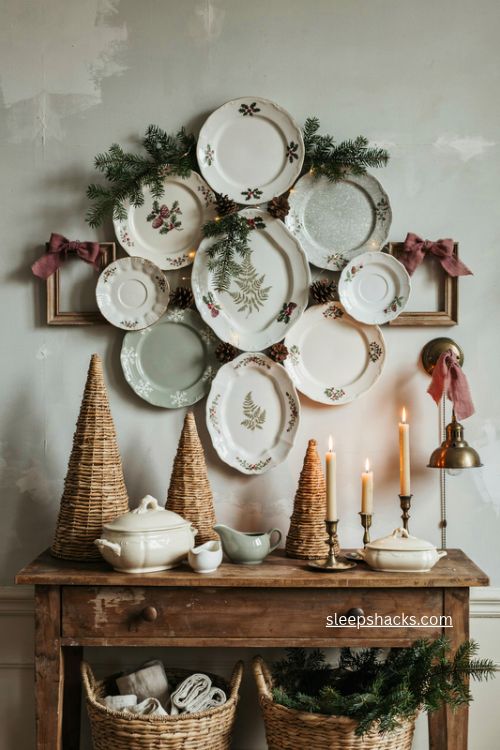 English country christmas plate wall with wicker trees and vintage dining room decor 