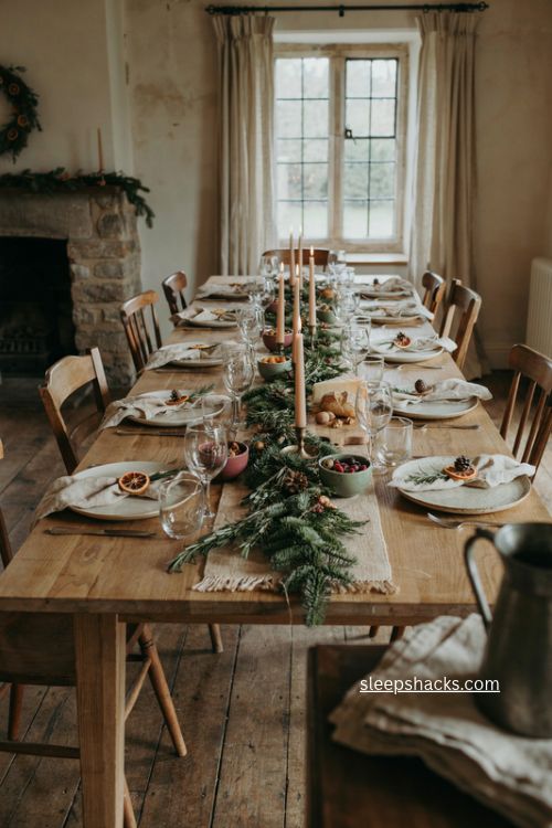 English country christmas table with linen napkins wood ceramics rosemary and dried oranges 