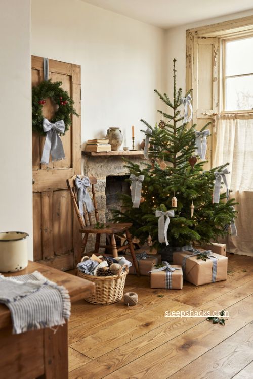English country christmas ticking stripe bows kraft paper gifts and farmhouse tree 