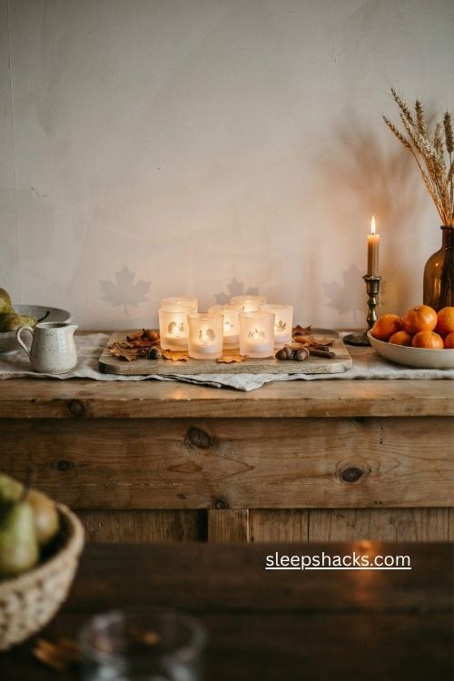 Engraved frosted votive holders for Thanksgiving table decor 