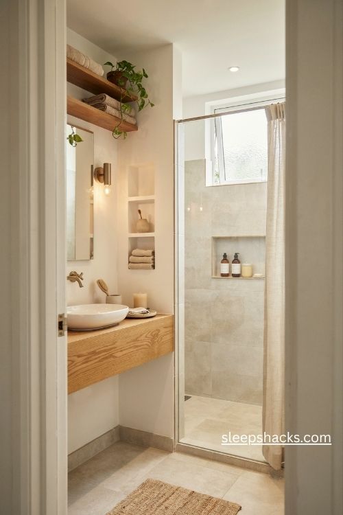 Ensuite bathroom ideas with a recessed shower niche and built in storage shelves