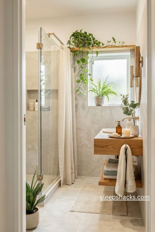 Ensuite bathroom ideas with green plants plush cotton towels and natural spa decor