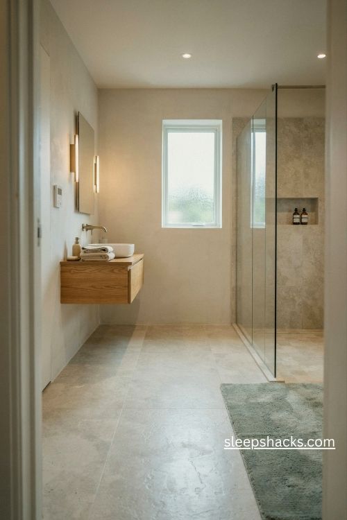 Ensuite bathroom ideas with warm textured flooring and a cozy cotton bath mat