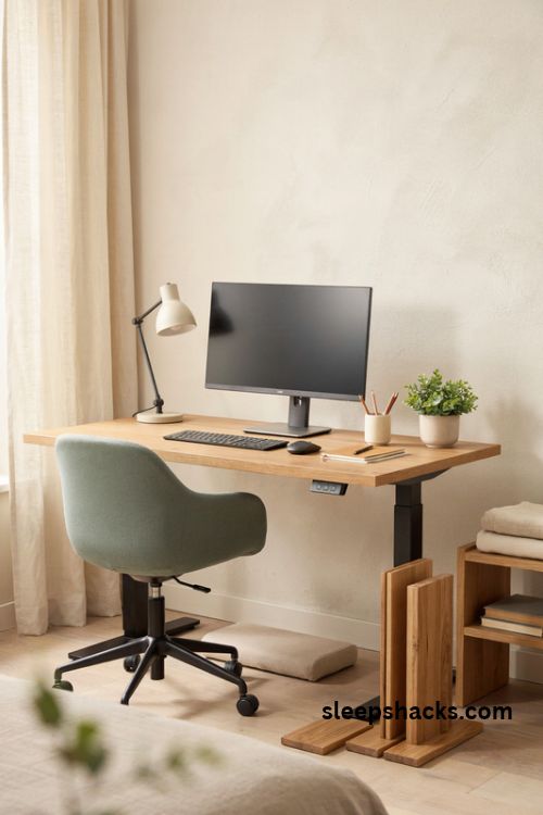 Ergonomic study desk setup with adjustable desk height monitor stand and supportive footrest