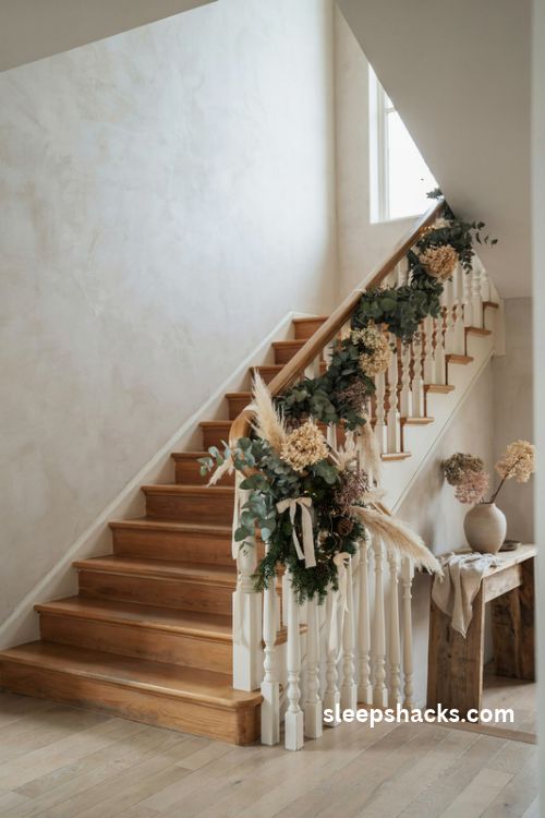 Eucalyptus and dried floral Christmas garland along a farmhouse staircase with dried hydrangeas pampas grass sage leaves and cream ribbon