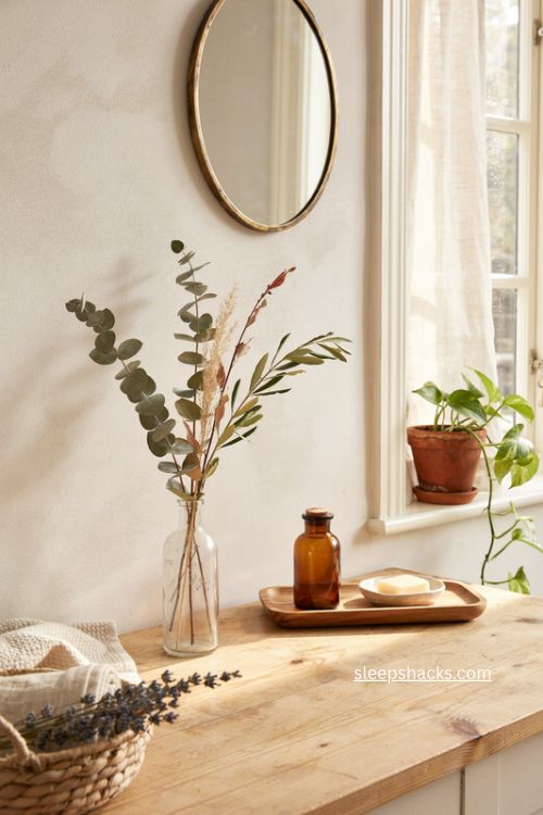 Eucalyptus bud vase and dried branches for cozy fall bathroom decor