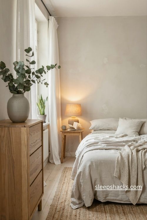 Eucalyptus greenery in grey ceramic vases in a calm grey and white bedroom