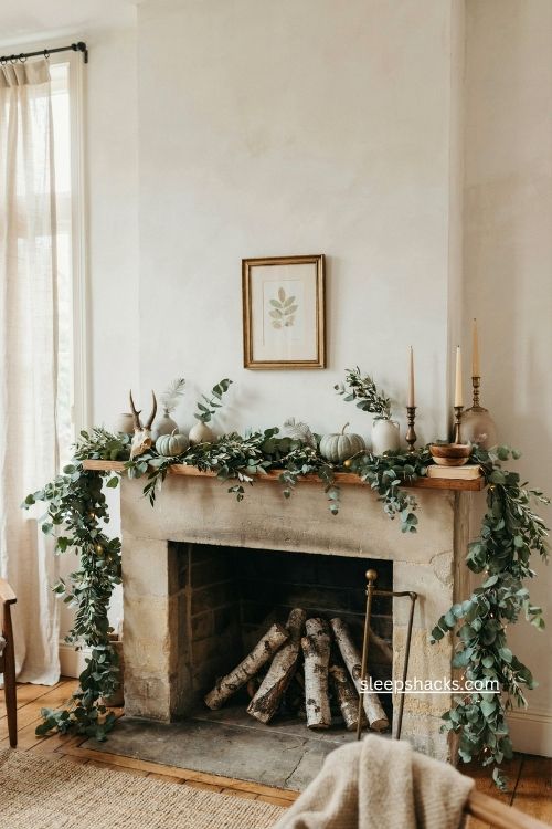 Eucalyptus woodland greenery on a cozy fall fireplace mantel