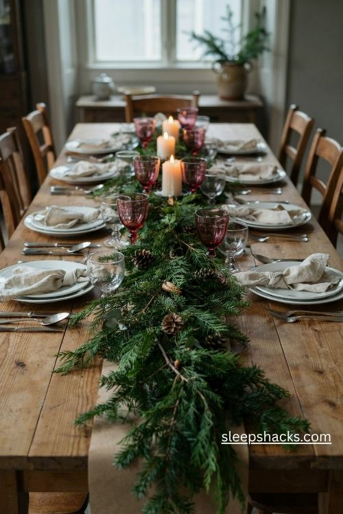 Evergreen branch garland christmas table centerpiece with candles and pinecones