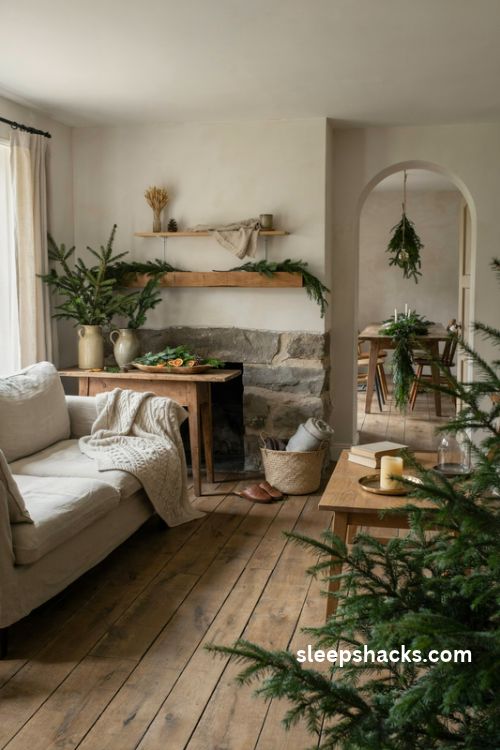 Evergreen branches in every room for natural and cozy christmas farmhouse decor