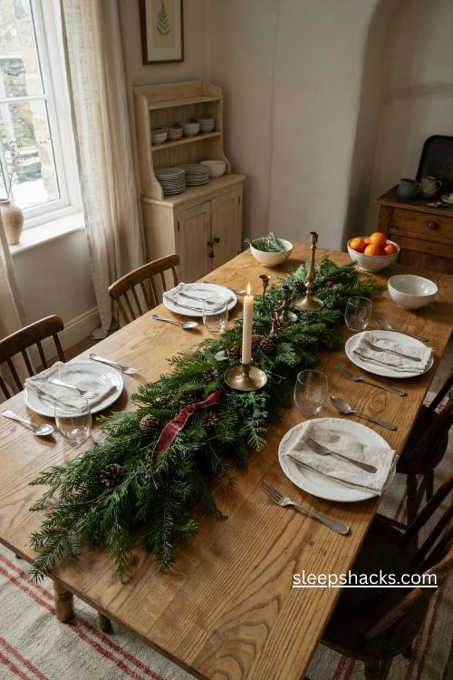 Evergreen christmas wreath centerpiece with an ivory pillar candle on a wooden dinner table