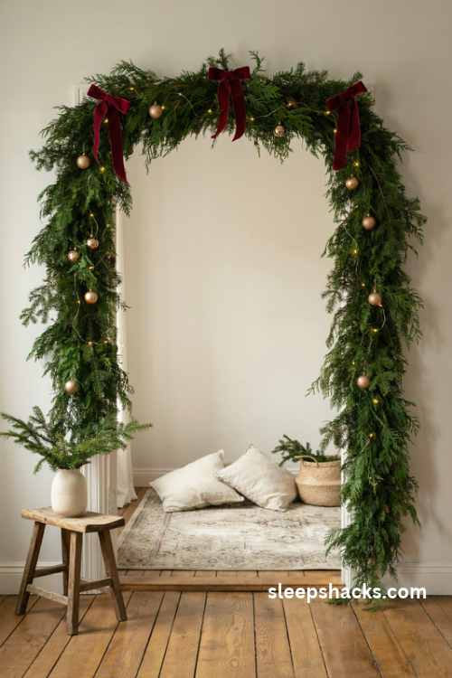 Evergreen garland christmas photo backdrop framing a cozy doorway with warm lights