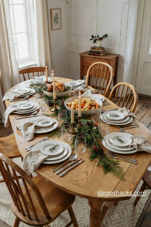 Everyday white plates layered for a simple cozy christmas dinner table