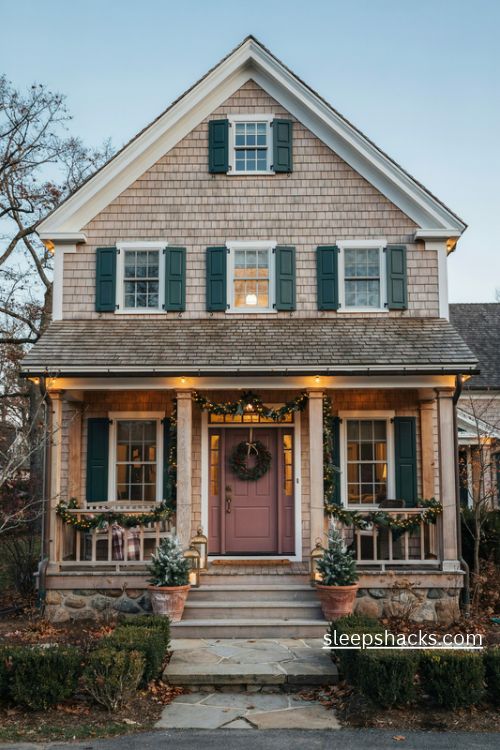 Exterior christmas decor ideas with warm white lights and natural evergreen garlands