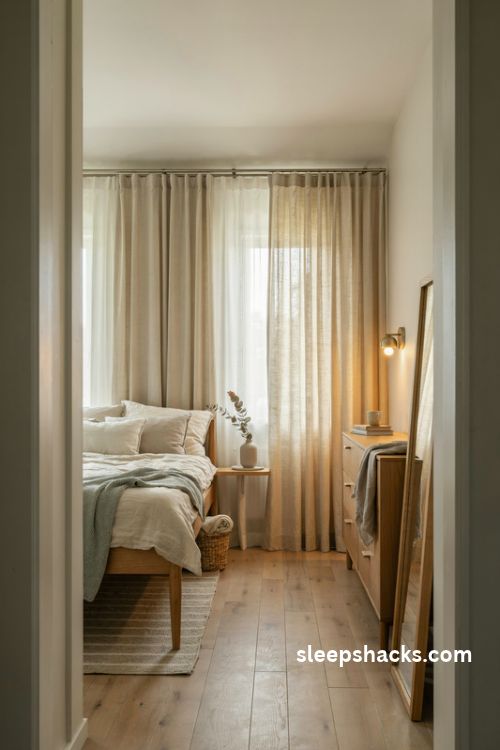Extremely small bedroom with floor to ceiling curtains and light airy window treatments