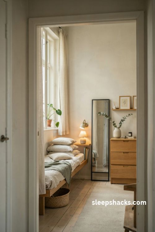 Extremely small bedroom with large mirror opposite window to reflect light and create space