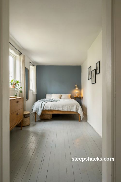 Extremely small bedroom with light airy wall colors soft white paint and cozy blue accent wall