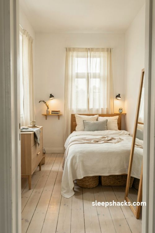 Extremely small bedroom with light matching bedding and cozy neutral sage accents