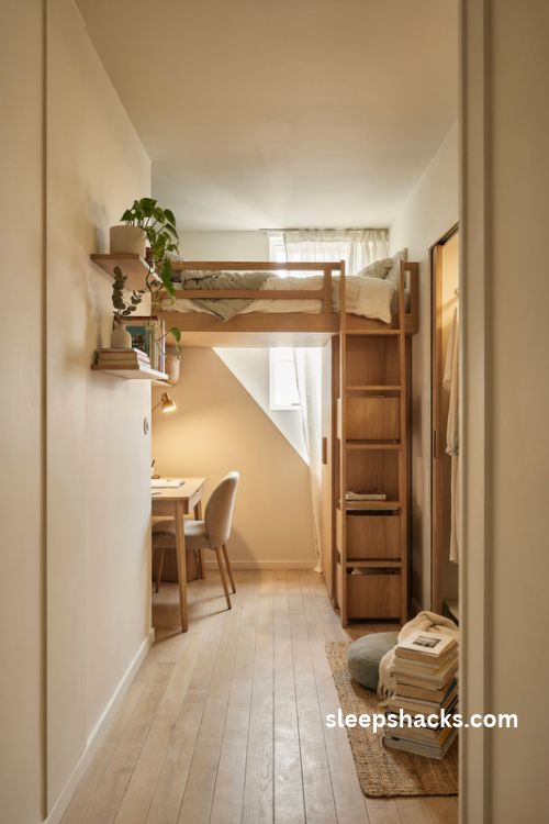 Extremely small bedroom with loft bed storage stairs and a cozy desk underneath