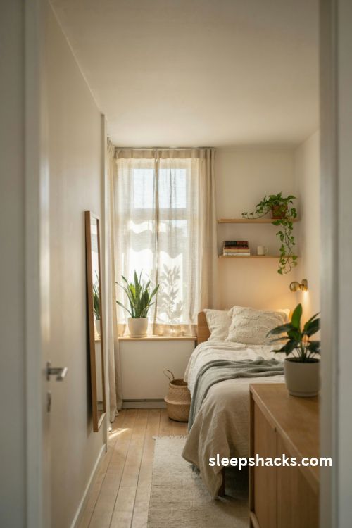 Extremely small bedroom with low light plants trailing pothos and fresh green decor