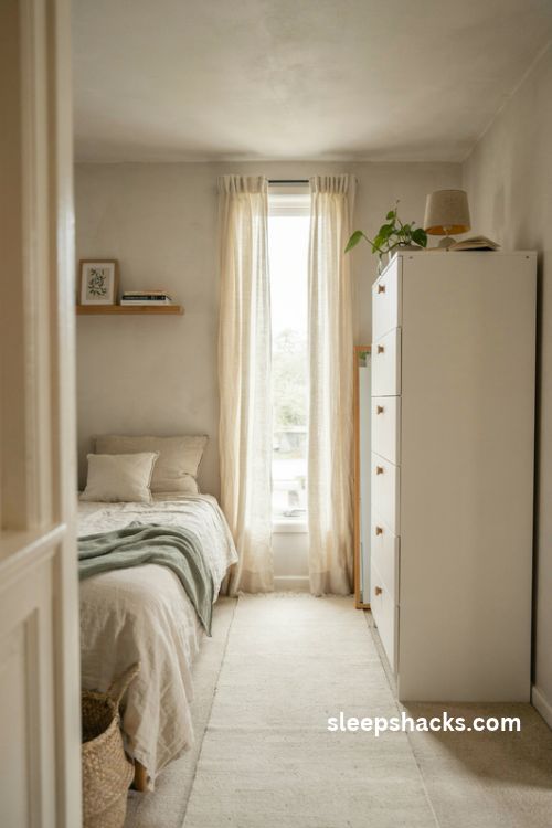 Extremely small bedroom with narrow tallboy dresser and vertical storage ideas