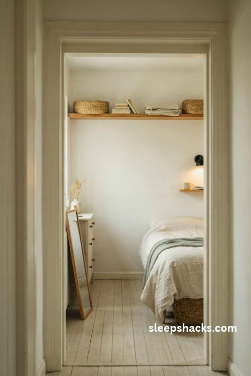 Extremely small bedroom with open shelving above the door and woven basket storage