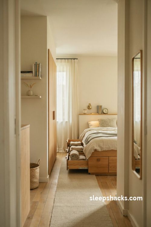 Extremely small bedroom with platform bed deep storage drawers and built in headboard shelf