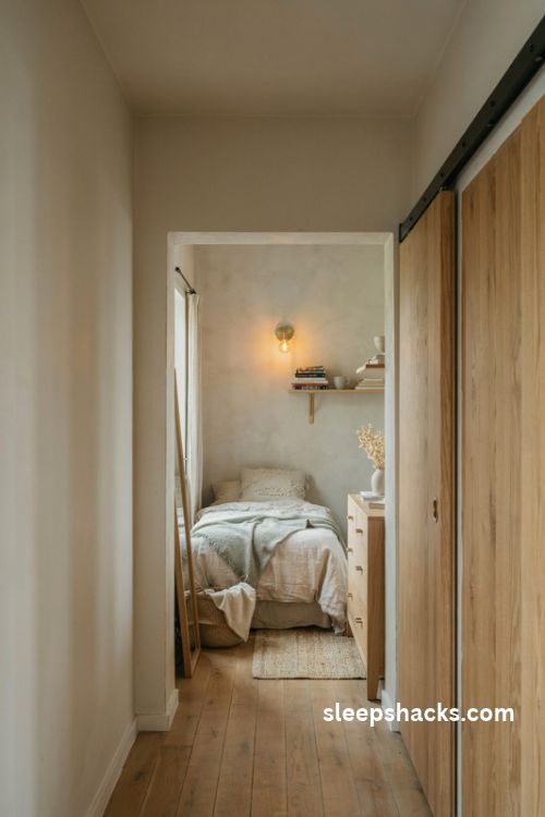 Extremely small bedroom with sliding barn door and space saving interior design