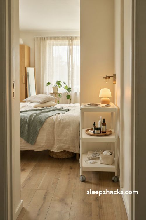 Extremely small bedroom with slim rolling cart nightstand and flexible storage ideas
