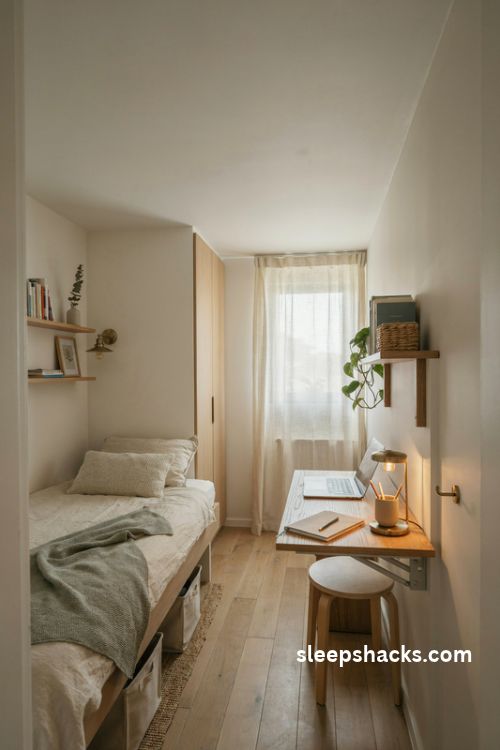 Extremely small bedroom with slim wall mounted fold down desk and space saving workspace