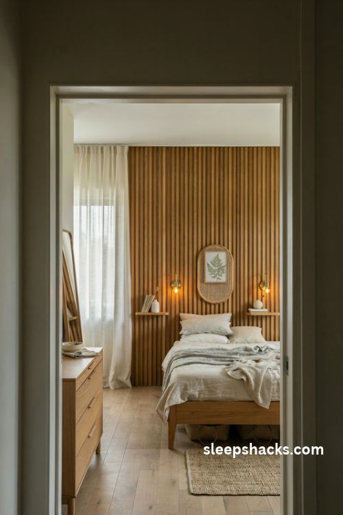 Extremely small bedroom with statement headboard wall and warm natural wood accents