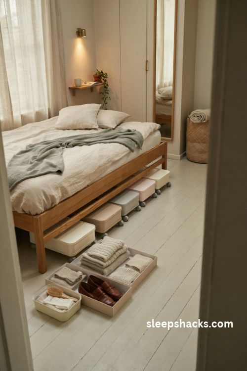 Extremely small bedroom with under bed storage boxes for clothes shoes and extra bedding